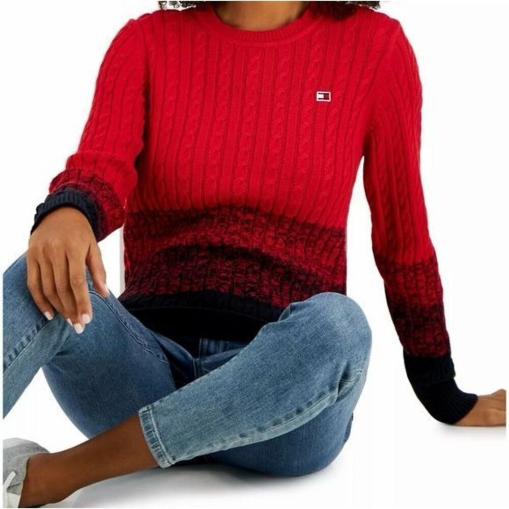 Tommy Hilfiger Women’s Cotton Ombré Cable-Knit Sweater Scarlett/Sky Captain